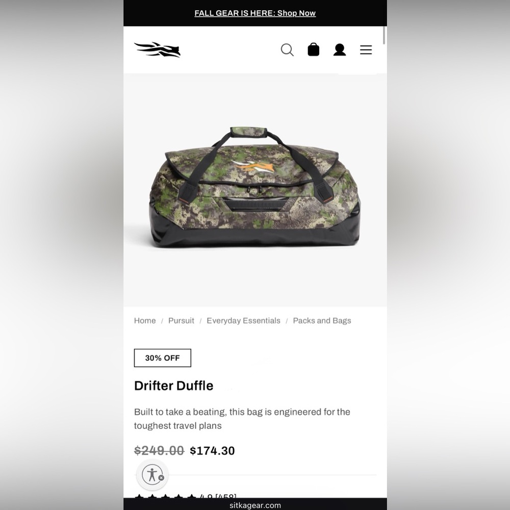 Sitka Gear Camo Duffel Bag